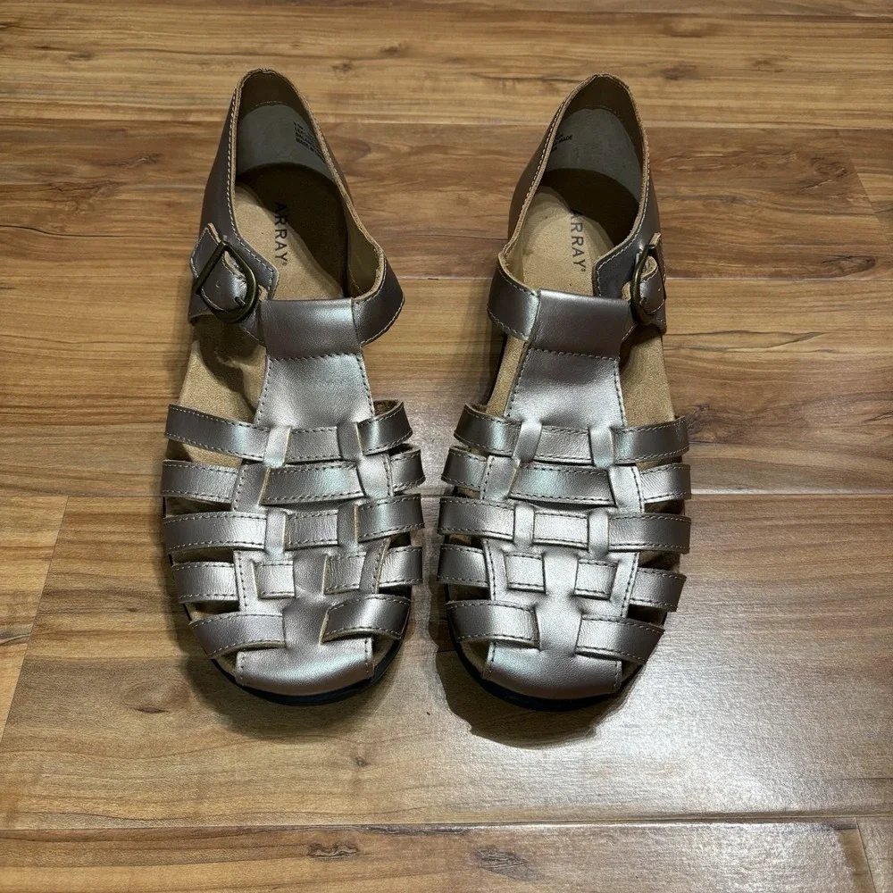 Women's Array Aruba‎ Pewter Woven Fisherman Shoe US 9.5M Buckle Leather Sandal